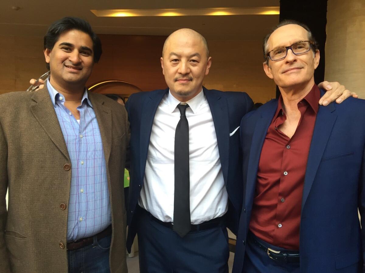 From left, Sriram Das of Das Films, Peter Shiao of Orb Media and David Twohy, who is set to direct “Ice Moon Rising,” appear at the Beijing International Film Festival on April 18.