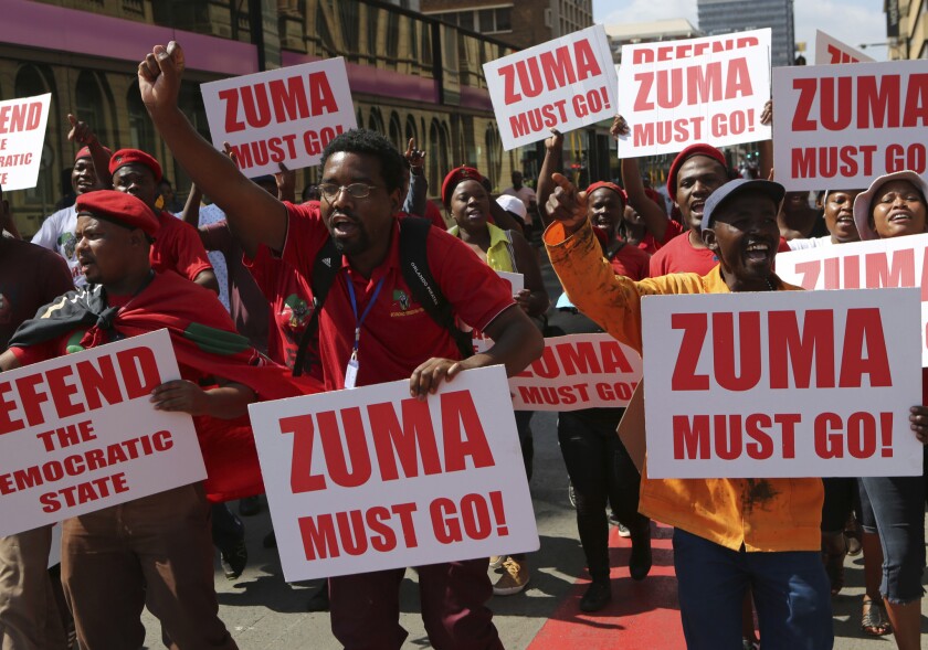 Economic Freedom Fighters supporters march in downtown Pretoria, South Africa, on Nov. 2, 2016. Thousands of South Africans are demonstrating for the resignation of President Jacob Zuma.