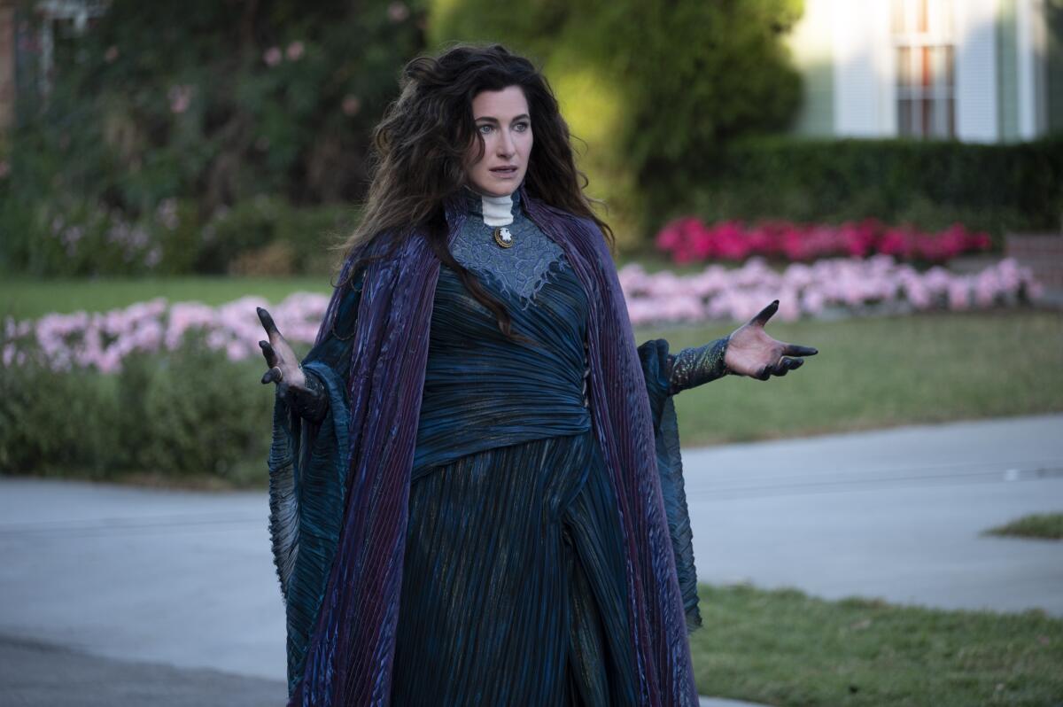 This image released by Disney+ shows Kathryn Hahn in “WandaVision." Hahn was nominated for an Emmy Award for outstanding supporting actress in a limited series or movie. (Disney+ via AP)