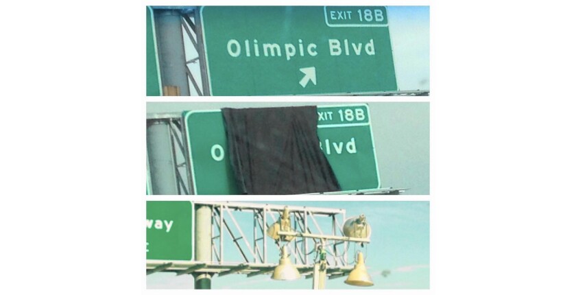 Caltrans misspelled Olympic Boulevard as "Olimpic" on an exit sign on the northbound 710 Freeway. It was later covered with a tarp and finally removed.