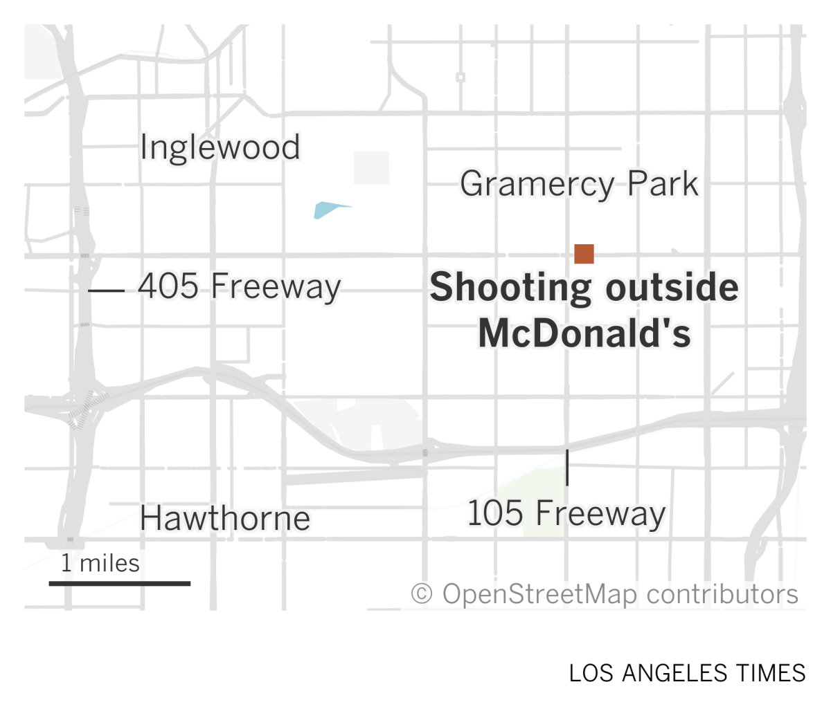 A map of South L.A. showing the location of a shooting outside a McDonald's restaurant in the Gramercy Park neighborhood