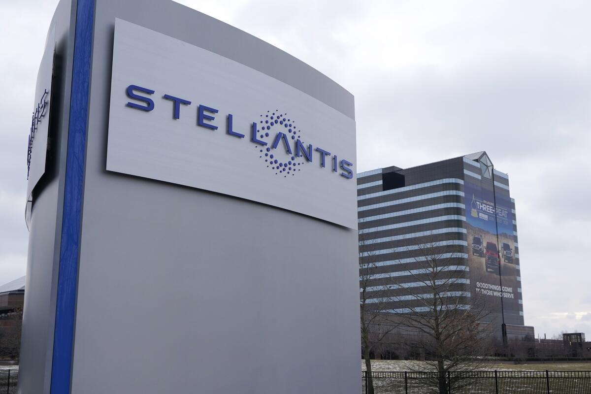 FILE - In this file photo taken on Jan. 19, 2021, the Stellantis sign is seen outside the Chrysler Technology Center, in Auburn Hills, Mich. Automaker Stellantis has reached a deal to have Controlled Thermal Resources Ltd. supply battery-grade lithium hydroxide for its electric vehicles in North America. (AP Photo/Carlos Osorio, File)