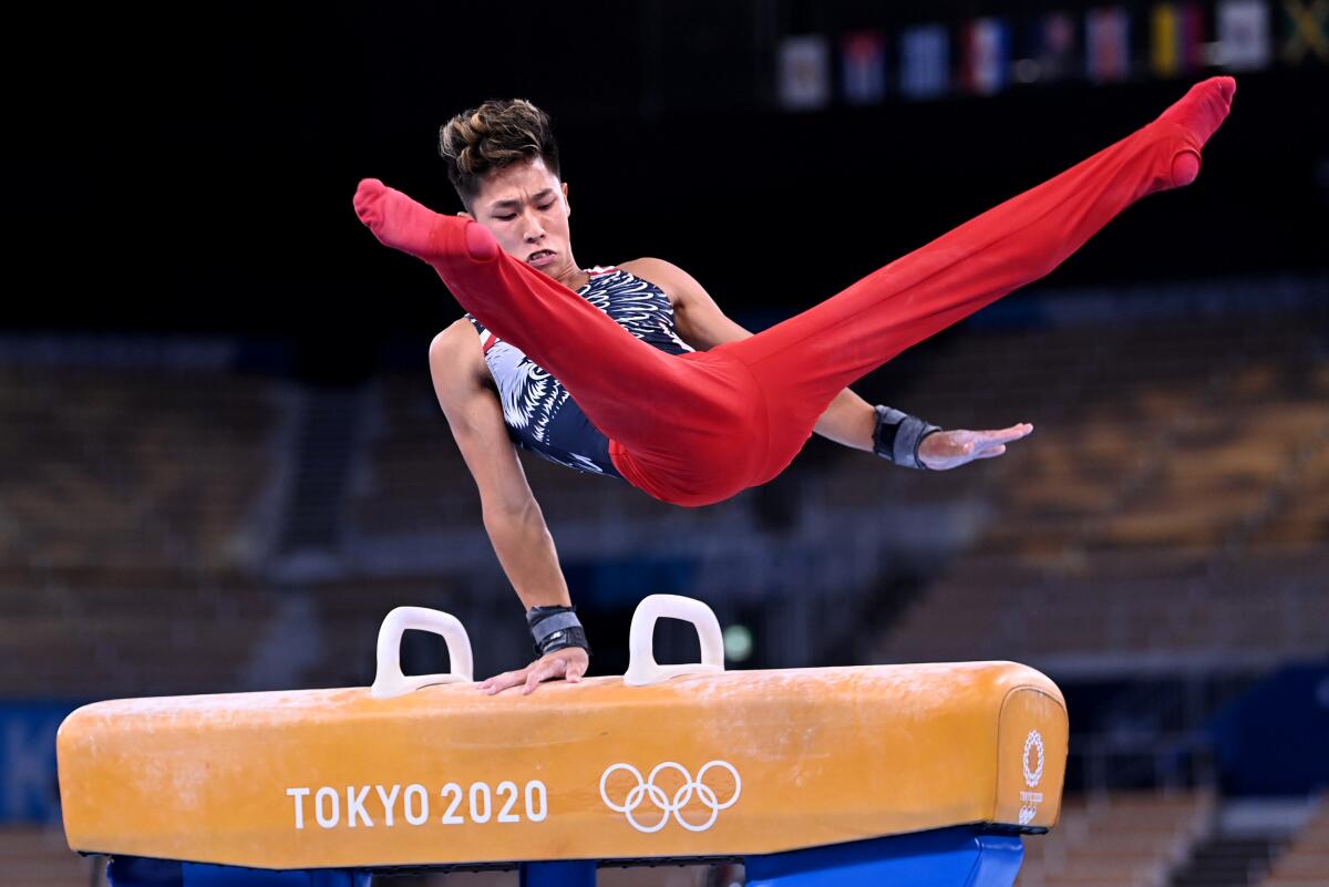 Yul Moldauer competes on the pommel horse for the U.S.