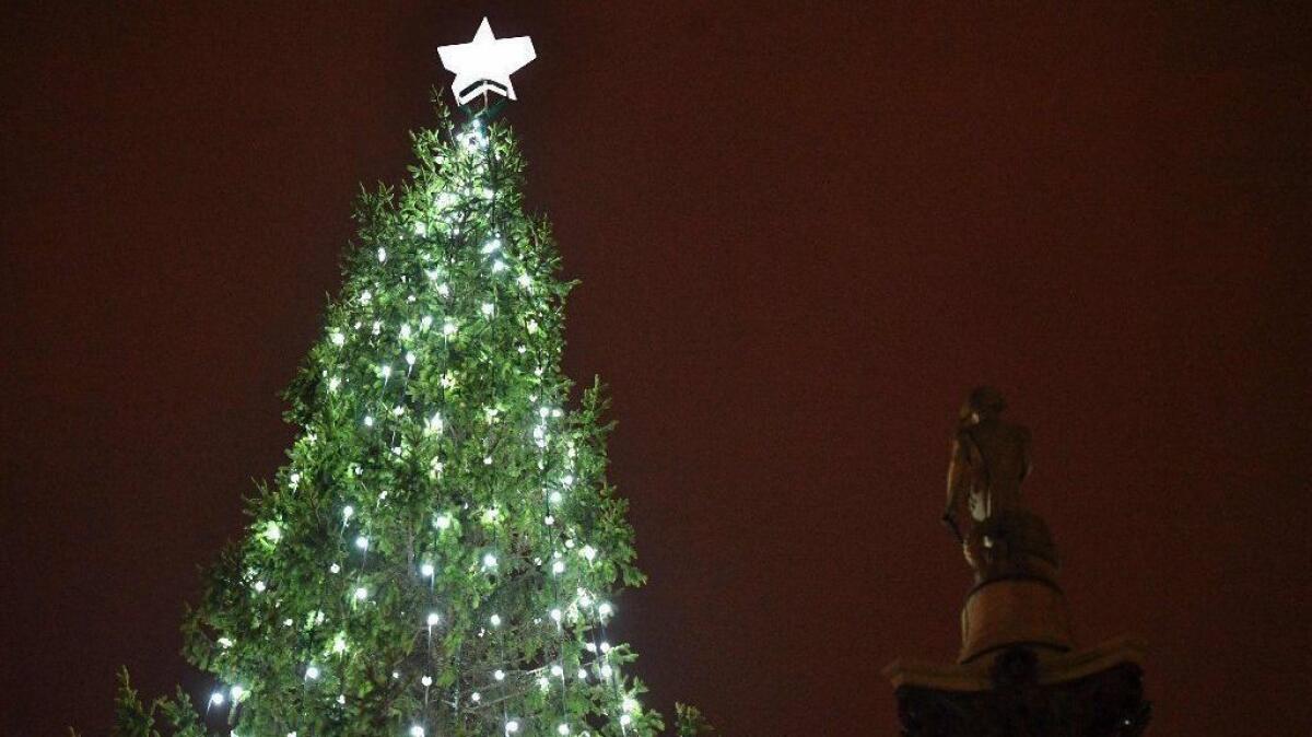 The lights on the Christmas tree in Trafalgar Square in London twinkle on Thursday.