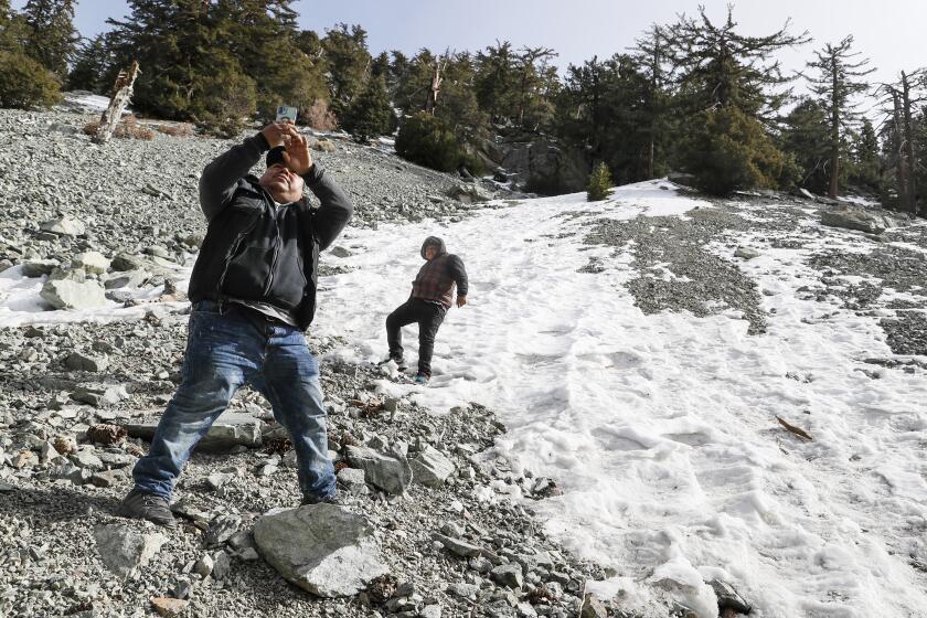 Mt. Baldy, CA, Thursday, February 16, 2023 - Marco Martinez Morales snaps a photo with his son, Marco Jr. as they frolic on a snowy roadside near Mt. Baldy. (Robert Gauthier/Los Angeles Times)