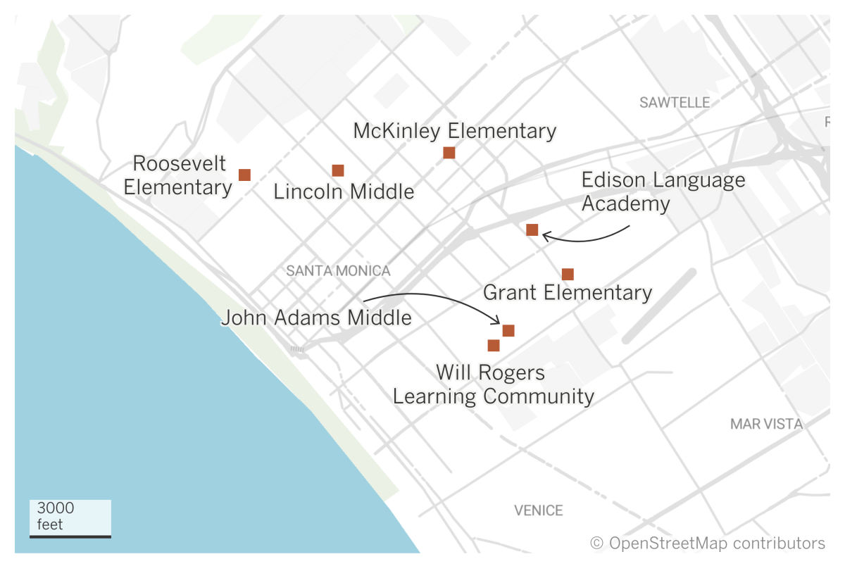 A map of Santa Monica shows seven elementary and middle schools where antisemitic fliers were found
