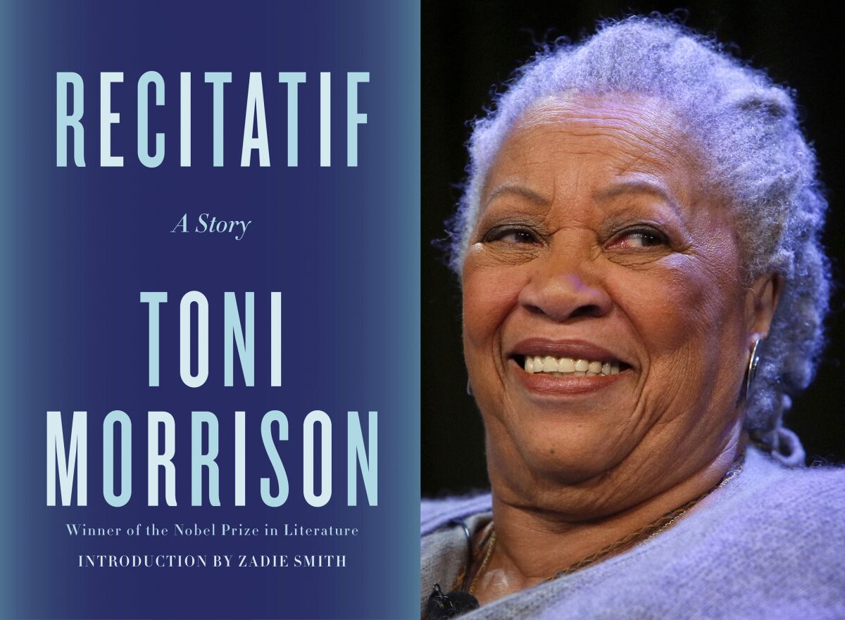 This combination photo shows "Recitatif" by Toni Morrison, left, and an image of Morrison in New York on Feb. 27, 2013. (Alfred A. Knopf via AP, left, and AP Photo)