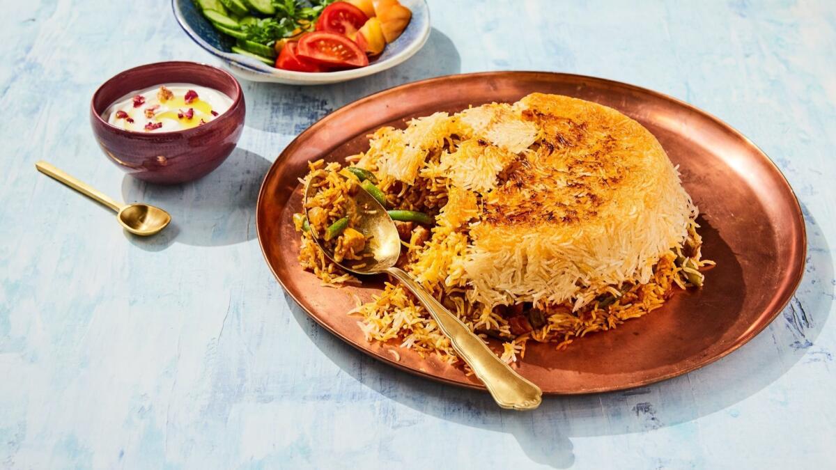Tahdig rice with chicken and green beans