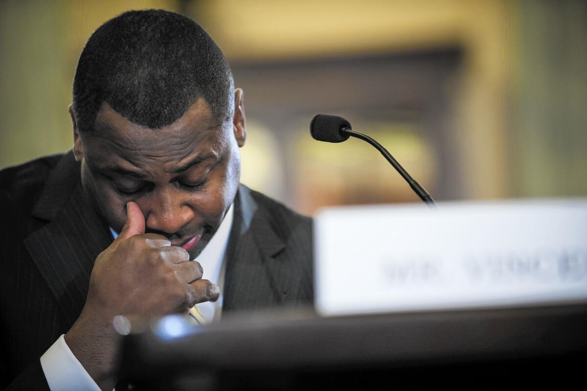 NFL Executive Vice President Troy Vincent, testifying on domestic violence policy before the Senate Commerce Committee, tearfully described growing up in a household where his mother was beaten.