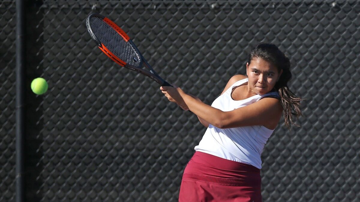 Laguna Beach High's Vanessa Gee, seen hitting a backhand against Edison on Oct. 9, helped the Breakers stun top-seeded Long Beach Wilson 11-7 on Wednesday and advance to the CIF Southern Section Division 3 championship match.