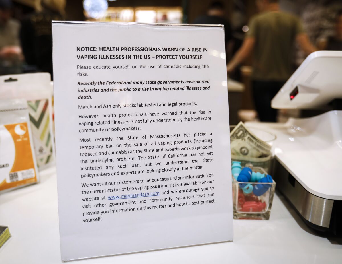An informational flyer urging customers to educate themselves on the vaping crisis is on display at March and Ash, a cannabis dispensary in Mission Valley on October 10, 2019. Copies of the flyer were also made available for customers to take with them.