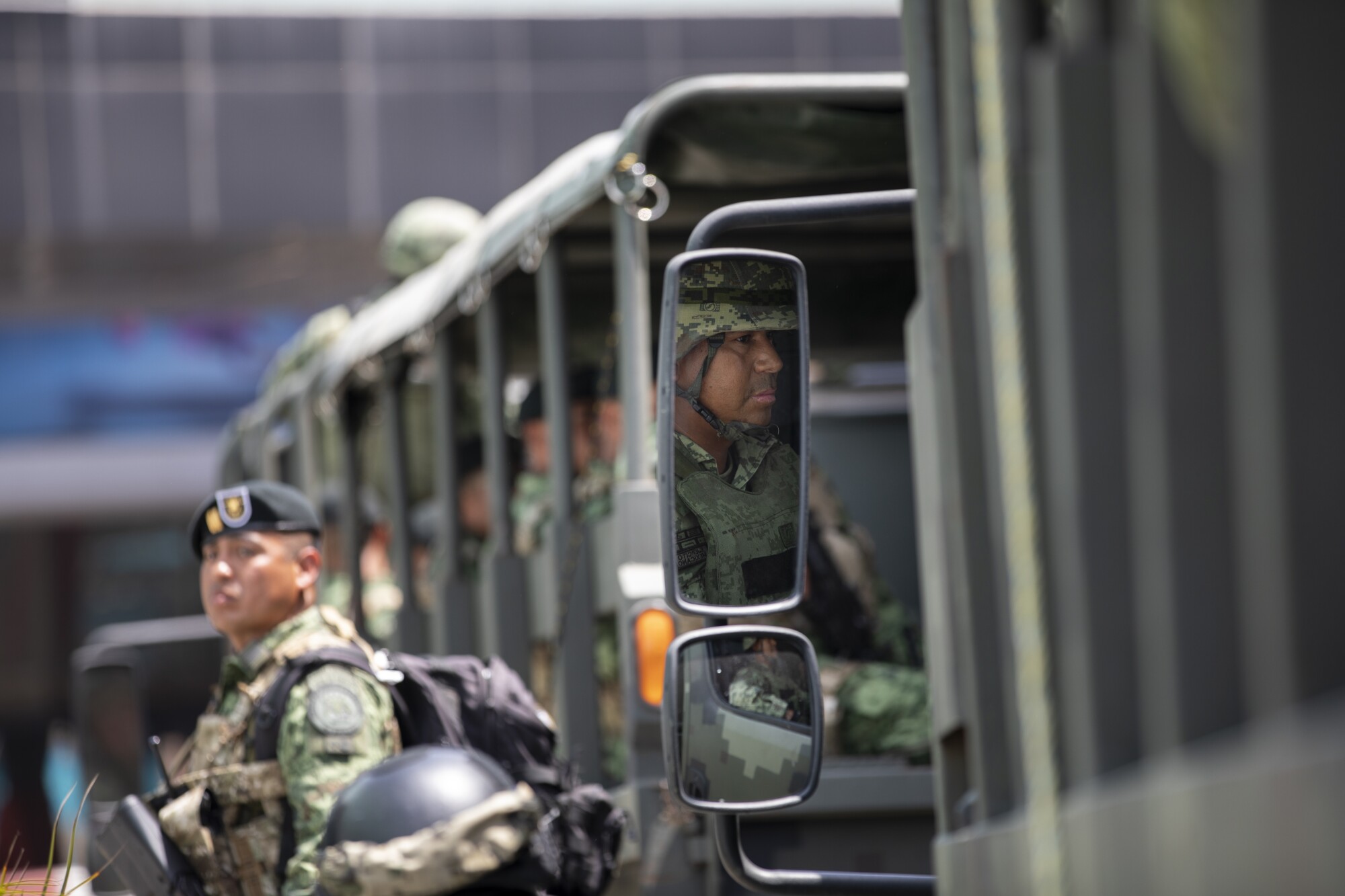 More than 300 special forces from the Mexican Secretariat of National Defense arrive in a vehicle