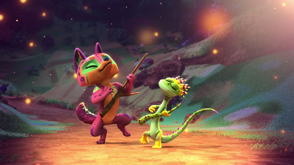 animated scene of a pink Coyote and green lizard dancing outside