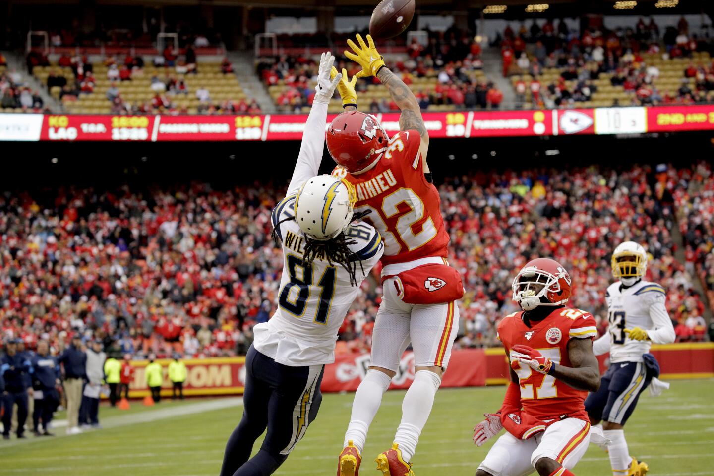 Chiefs safety Tyrann Mathieu (32) intercepts a pass intended for Chargers receiver Mike Williams (81) during a game Dec. 29.