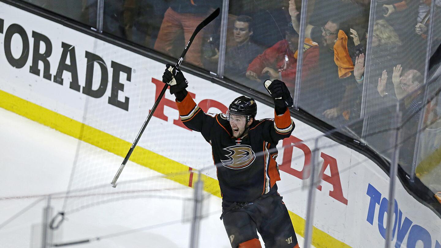 Ducks left wing Nick Ritchie raises his arms after scoring the game-winning goal against the Oilers in the third period of Game 7 at Honda Center on May 10.