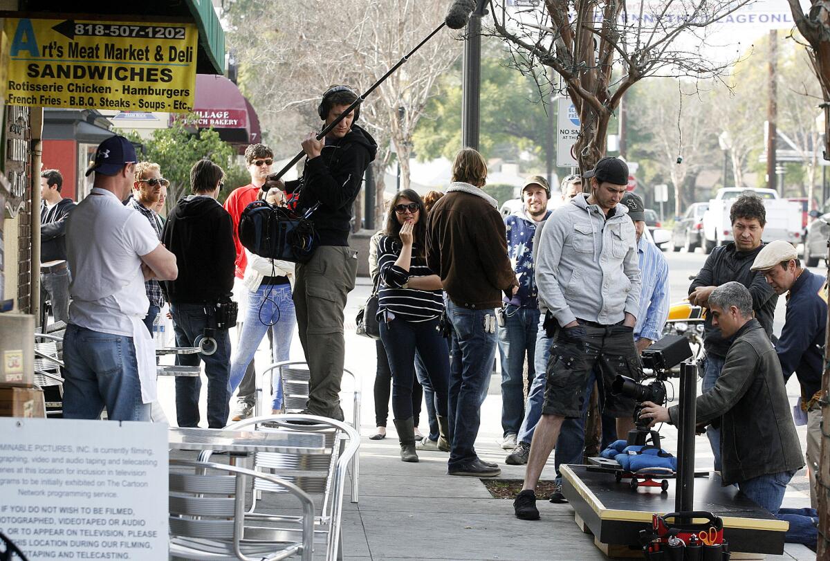 A film crew, who said they were filming preliminary ideas for a new, yet to be proposed, television show with working title "Beef" starring Christopher Meloni film on location in the Kenneth Village area of Glendale on Thursday, February 6, 2013.