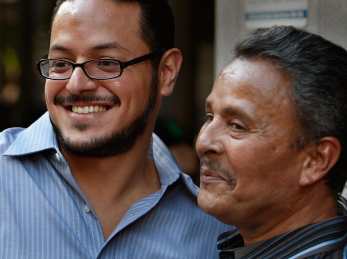 Rafael Rocha, right, celebrates with his son Mario Rocha in Los Angeles in 2008 after the younger man was released from prison after ten years behind bars.