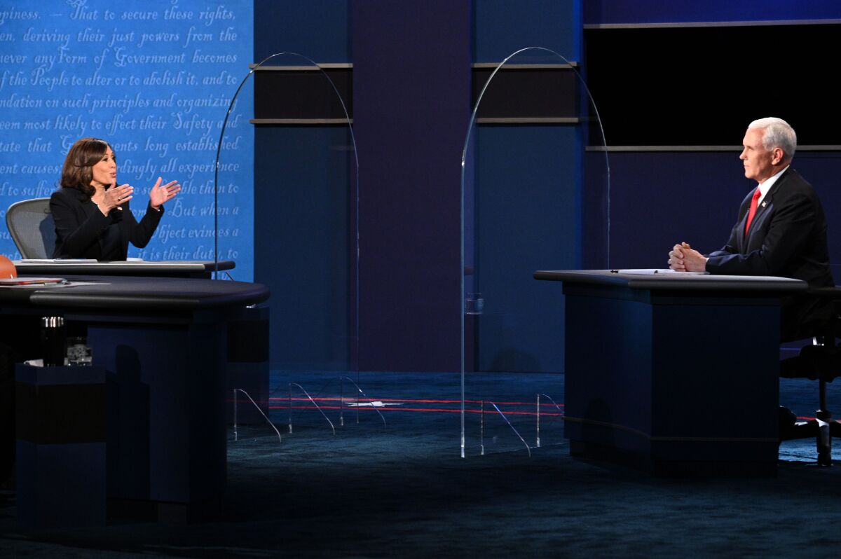 Sen. Kamala Harris gestures toward Vice President Mike Pence during Wednesday's vice presidential debate.