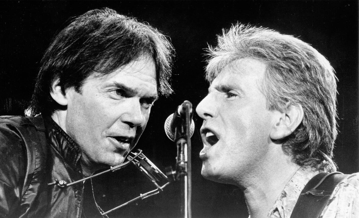 Neil Young, left, and Graham Nash at the Welcome Home Vets concert, Feb. 24, 1986.