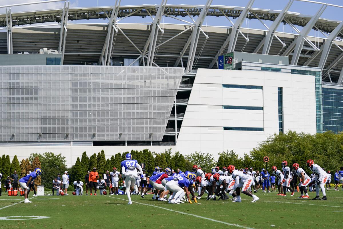 The Bengals and Rams participate in a joint practice outside the AFC champions' stadium in Cincinnati. 