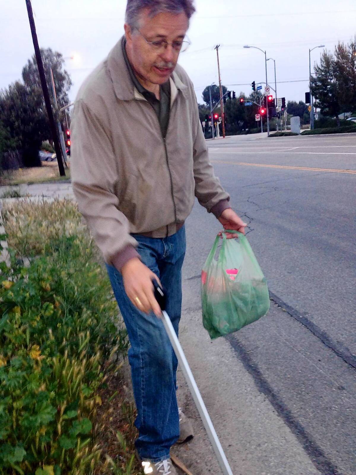 Hans Svanoe, a corporate butler who was gaining weight on a job that required little more activity than making an occasional cup of coffee, took up walking. He then took up litter retrieval. He now fills two to three bags a day with trash collected along the Orange Line busway in Encino.