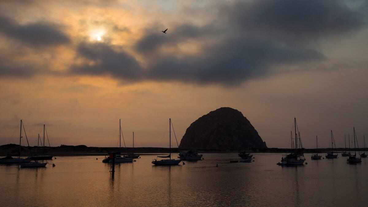 The sun, filtered by forest fire ash and fog, goes down at the Morro Bay Marina, with a view of Morro Rock and sailboats. on Aug. 3, 2016.