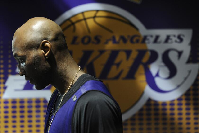 Lamar Odom walks to the Lakers' locker room after a practice at the Staples Center on June 5, 2009.