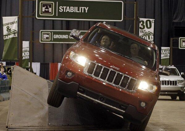 Chrysler's Jeep Grand Cherokee, shown here on an indoor test at the Cleveland Auto Show, ranked high in American-made content.