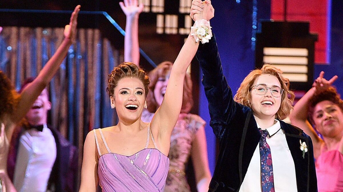 Isabelle McCalla, left, and Caitlin Kinnunen during a musical number for "The Prom" at the 2019 Tony Awards at Radio City Music Hall.