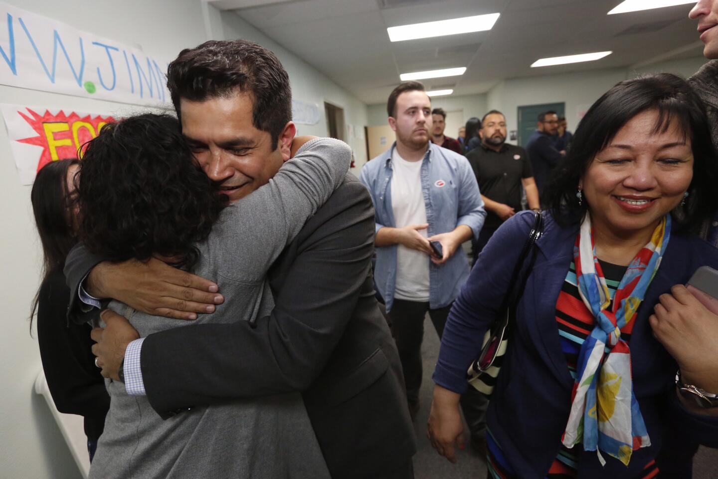 California Assemblyman Jimmy Gomez, a candidate for the 34th Congressional District seat, greets a supporter at election night headquarters in Highland Park in Los Angeles.