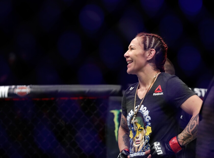 Cris Cyborg celebrates her win over Yana Kunitskaya during UFC 222 at T-Mobile Arena on March 3, 2018 in Las Vegas