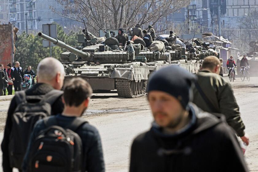 Carrying out a special military operation of the Russian Armed Forces in Ukraine. Tanks with soldiers on the streets of Mariupol. 15.04.2022 Ukraine, Donetsk region Photo credit: Anatoliy Zhdanov/Kommersant/Sipa USA(Sipa via AP Images)