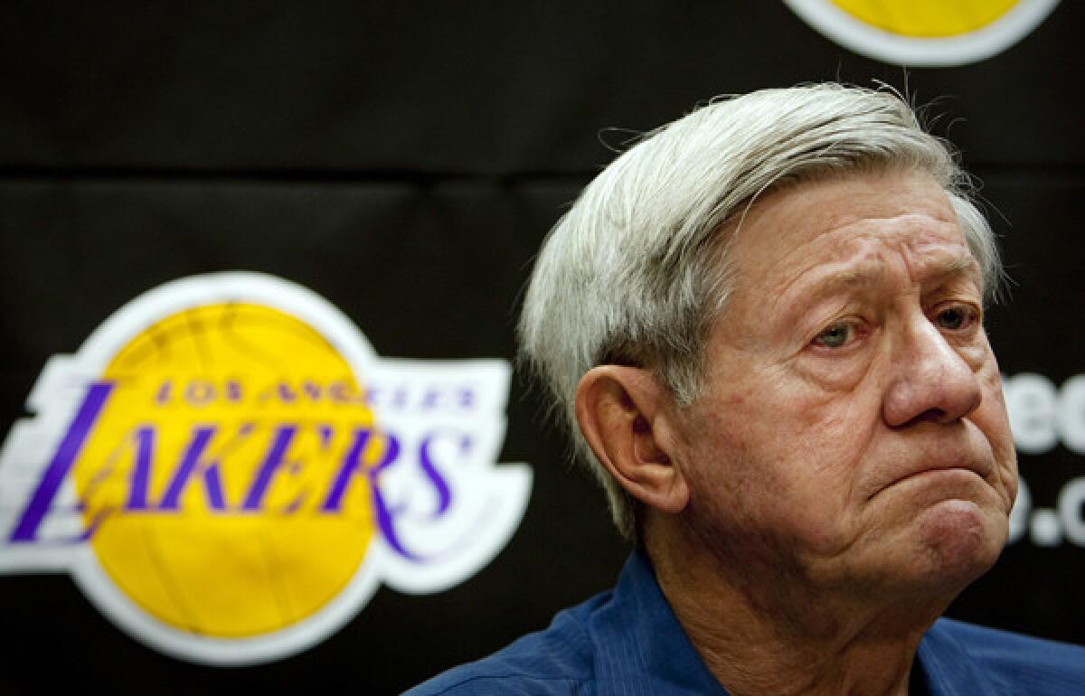 Buss family spokesman Bob Steiner pauses while speaking about his longtime friendship with Jerry Buss during a news conference following the Lakers owner's death.
