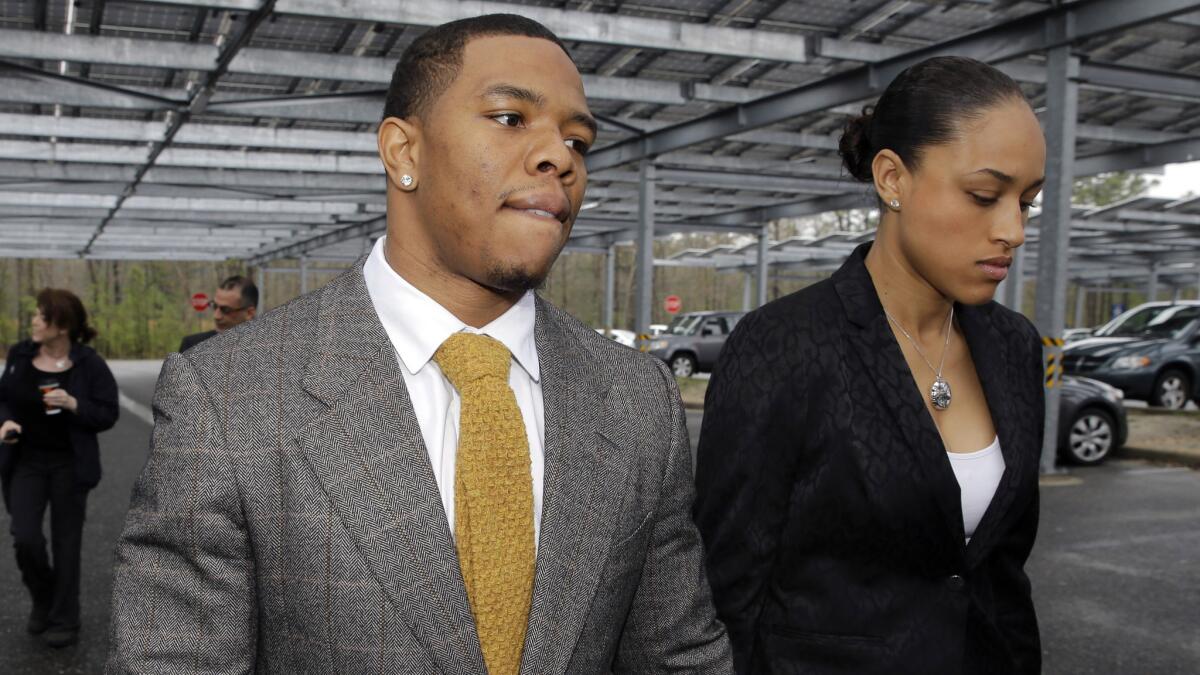 Ray Rice and his wife, Janay, arrive for a pre-trial hearing at the Atlantic County Criminal Courthouse in Mays Landing, N.J., on May 1, 2014.