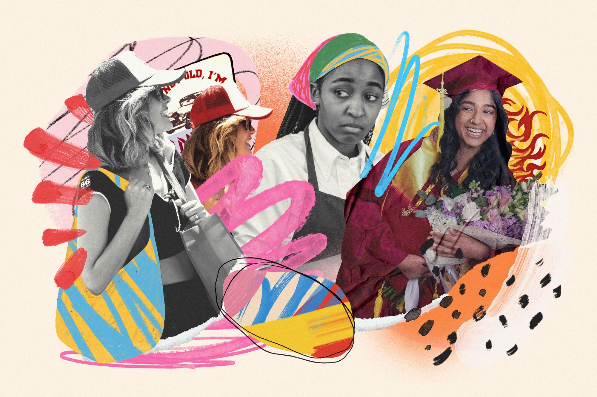A illustration with images of Rose Byrne, Ayo Edebiri and Maitreyei Ramakrishnan.