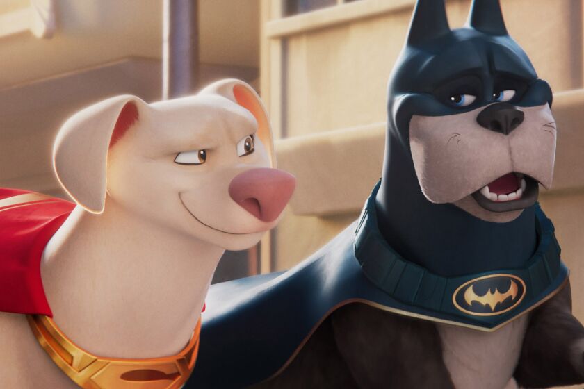 Two dogs dressed as super heroes in the animated movie 'DC League of Super-Pets."