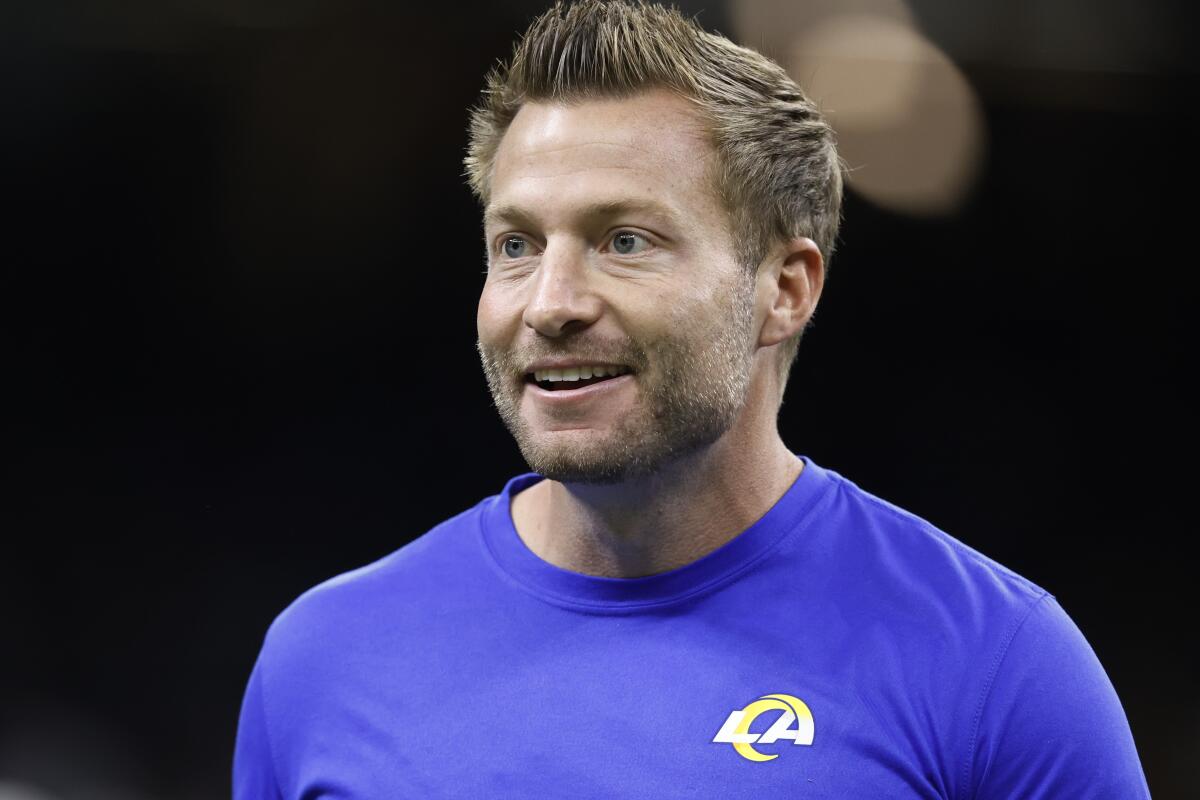 Rams coach Sean McVay looks on as his players warm up before a game at New Orleans on Nov. 20.