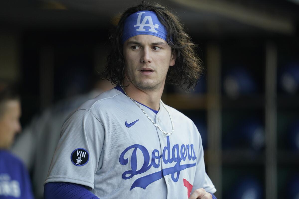 Dodgers outfielder James Outman before a game against the San Francisco Giants on Aug. 3, 2022.