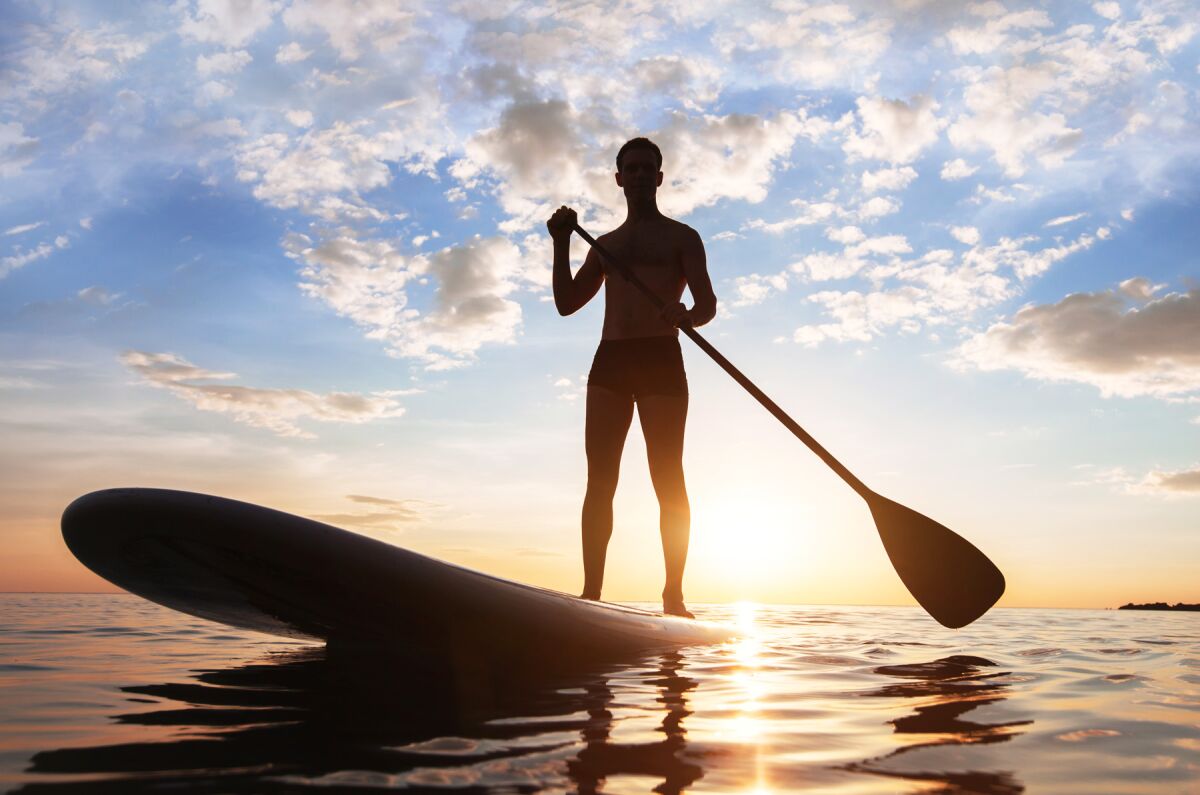 paddle standing, silhouette of man on the beach at sunset