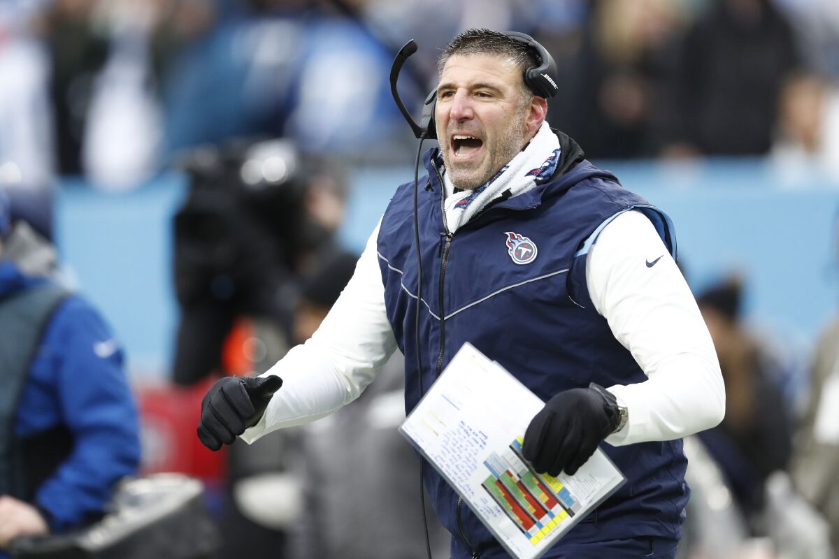 Tennessee Titans head coach Mike Vrabel yells in the second half of an NFL football game against the Miami Dolphins Sunday, Jan. 2, 2022, in Nashville, Tenn. (AP Photo/Wade Payne)