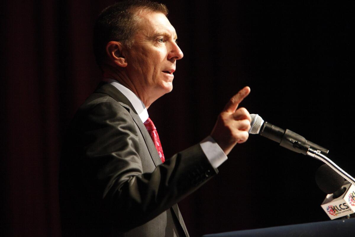 L.A. schools Supt. John Deasy addresses administrators at Garfield High in East L.A., just before the start of the school year. His future in the district is in doubt.