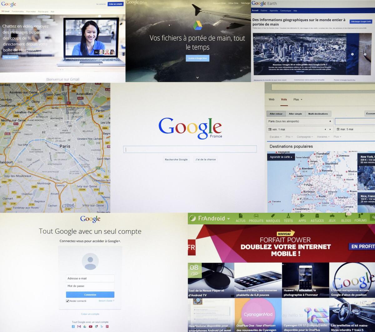The various front pages of Google websites in France are shown in this image.