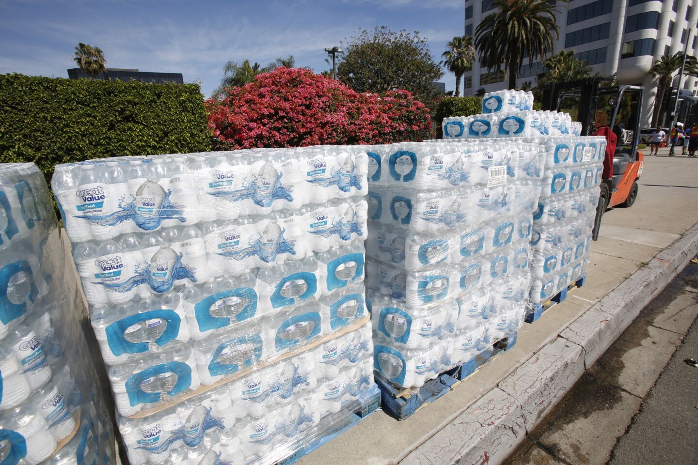 Bottles of water are ready to be distributed near the L.A. Marathon finish line on Ocean Avenue.