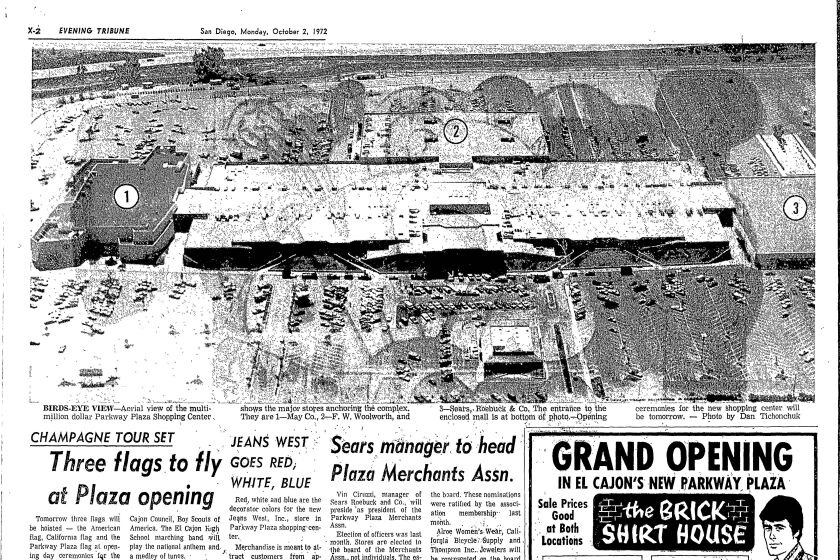 An aerial view of the Parkway Plaza Shopping Center published in the Evening Tribune, Oct. 2, 1972 