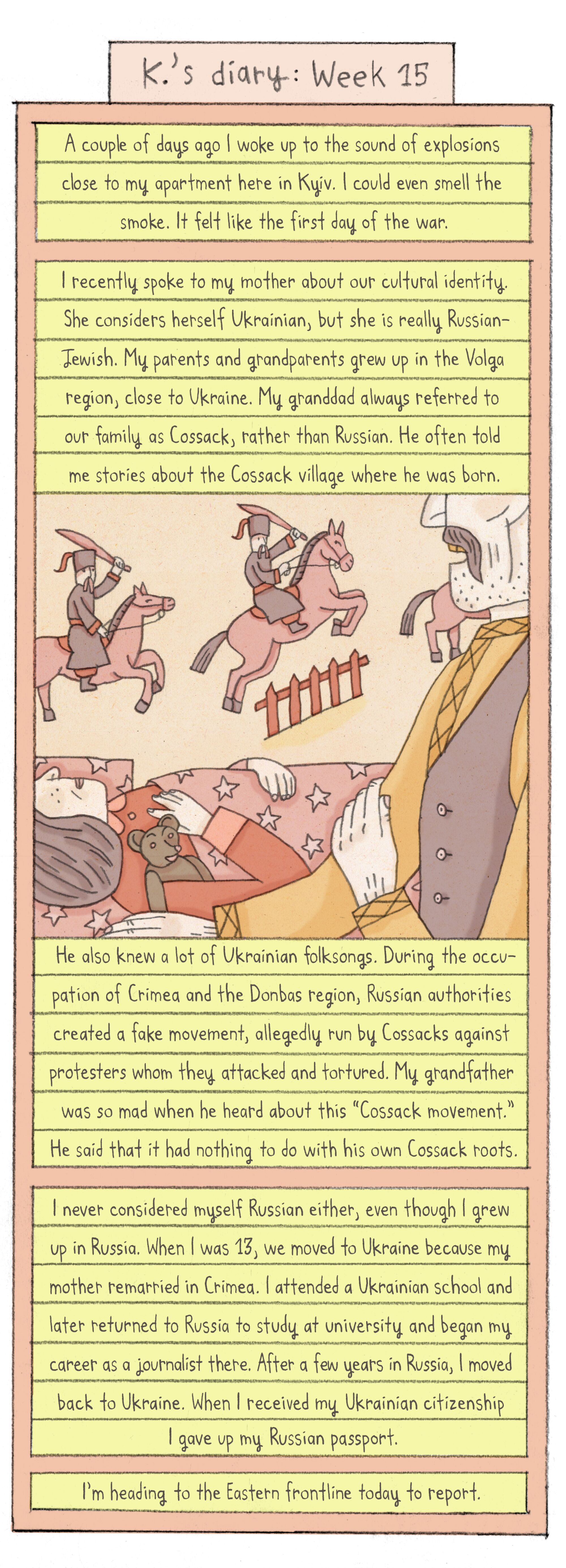 comic depicting a grandfather telling a bedtime story to a girl. soldiers on horses jump over a fence.