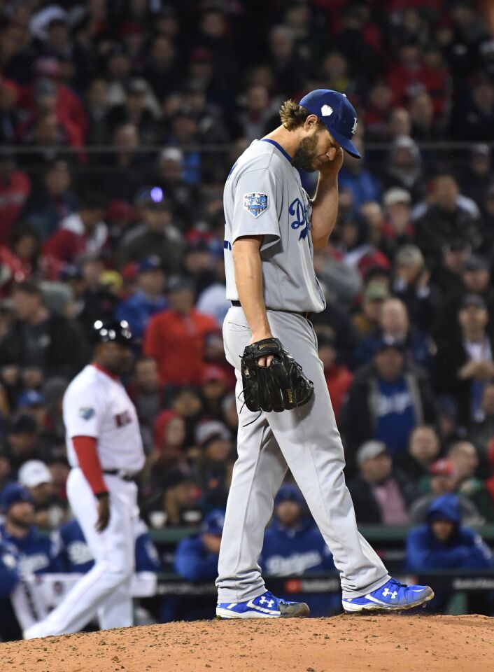 Dodger pitcher Clayton Kershaw gives up a hit in the 5th inning.