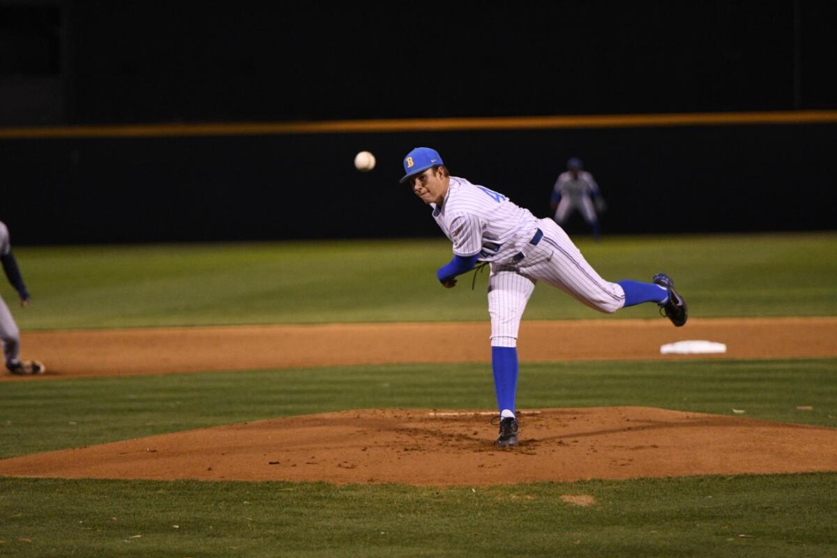 UCLA pitcher Ethan Flanagan delivers during a game.