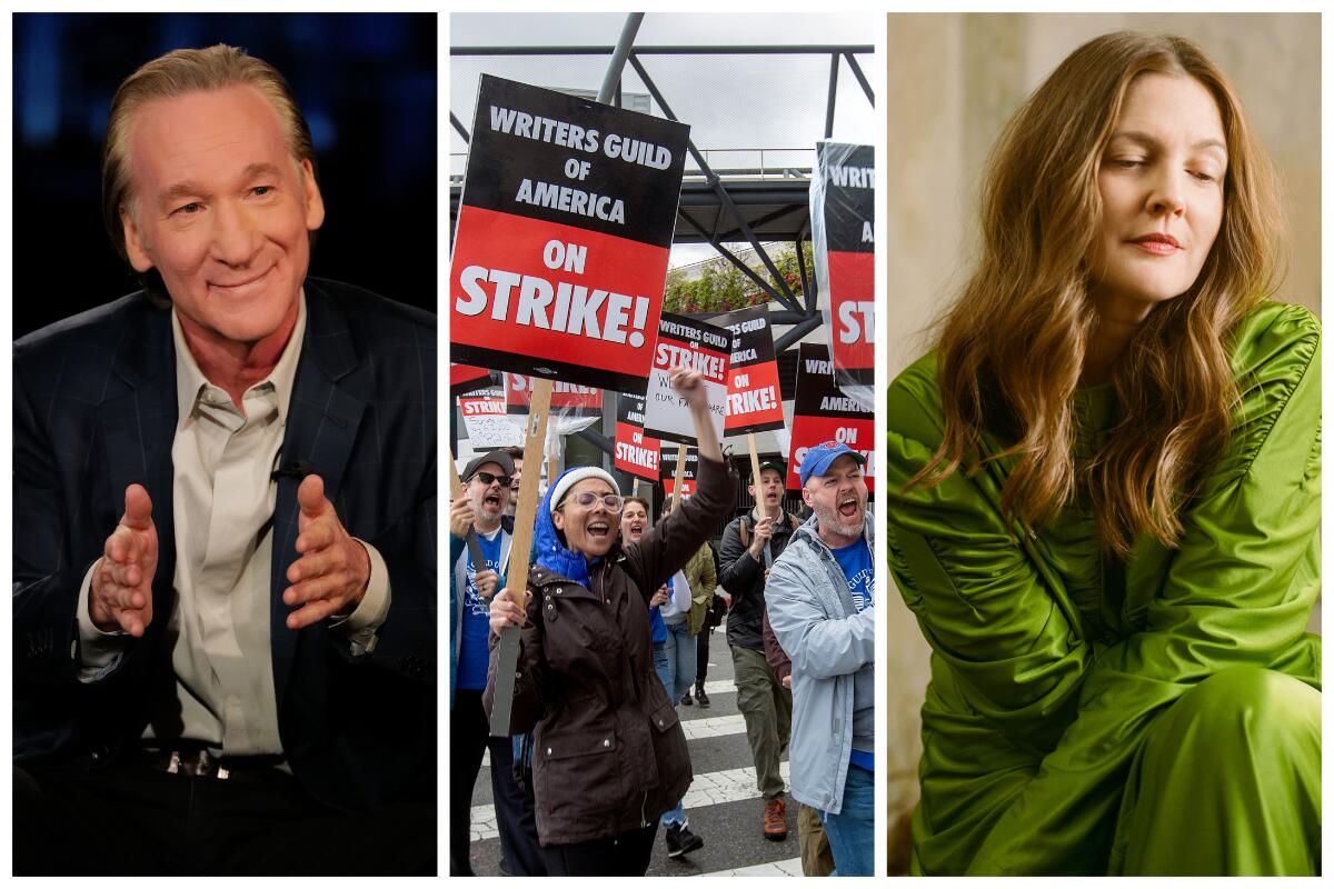 Photos show a man gesturing with both hands, left, people on strike holding signs, center, and a woman in a green outfit.