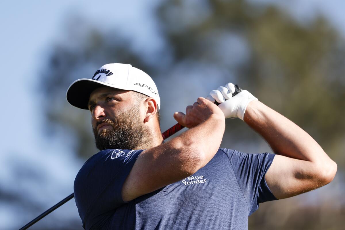 Jon Rahm tees off on the 15th hole during the third round of the Farmers Insurance Open.