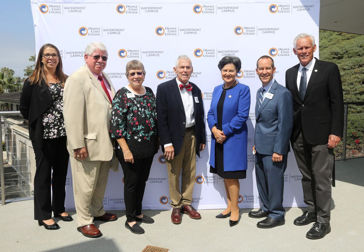 Dignitaries gather for group picture at the Orange Coast College Professional Mariner Training Center dedication.